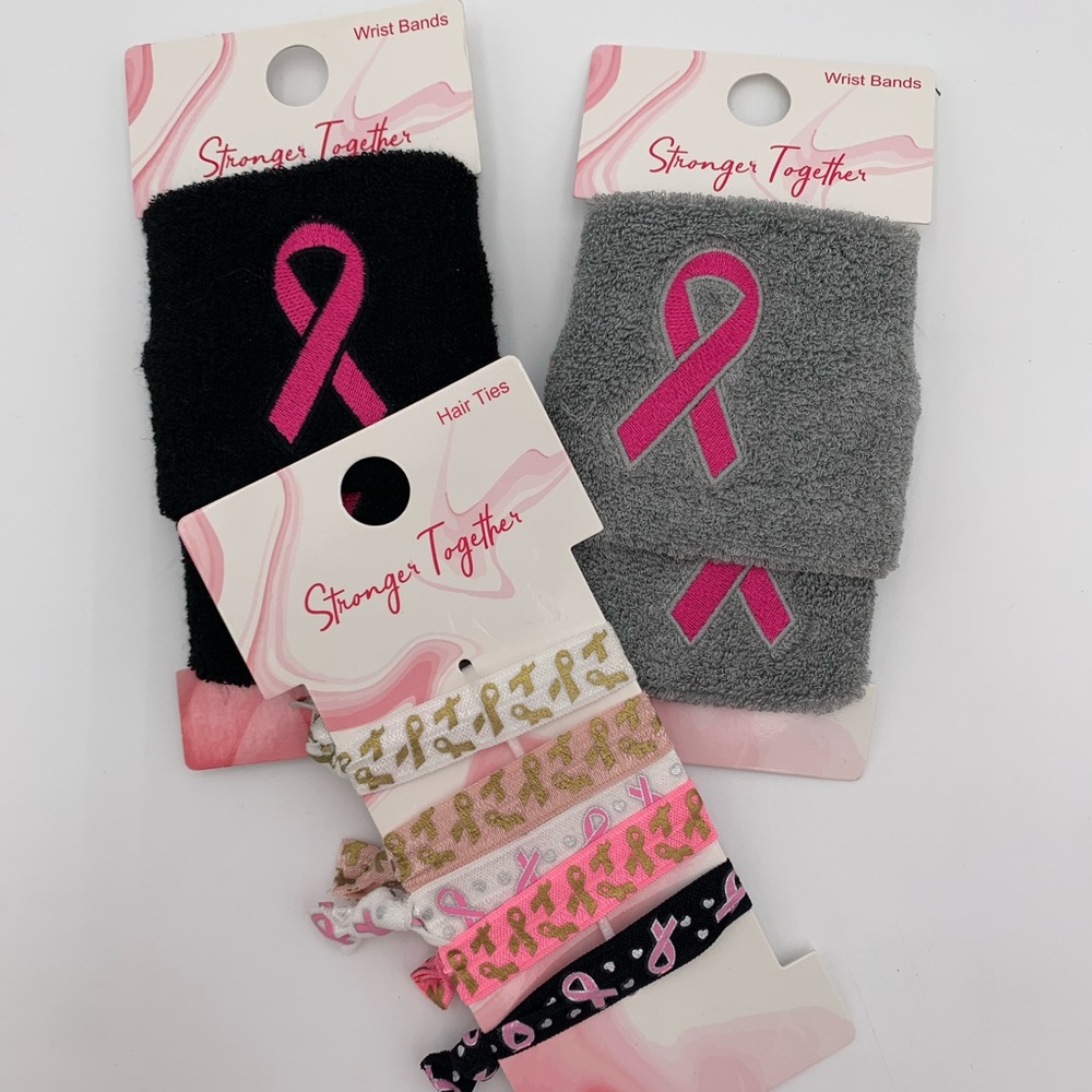 Breast Cancer Awareness Pink Ribbon Wrist and Hair Ties Set